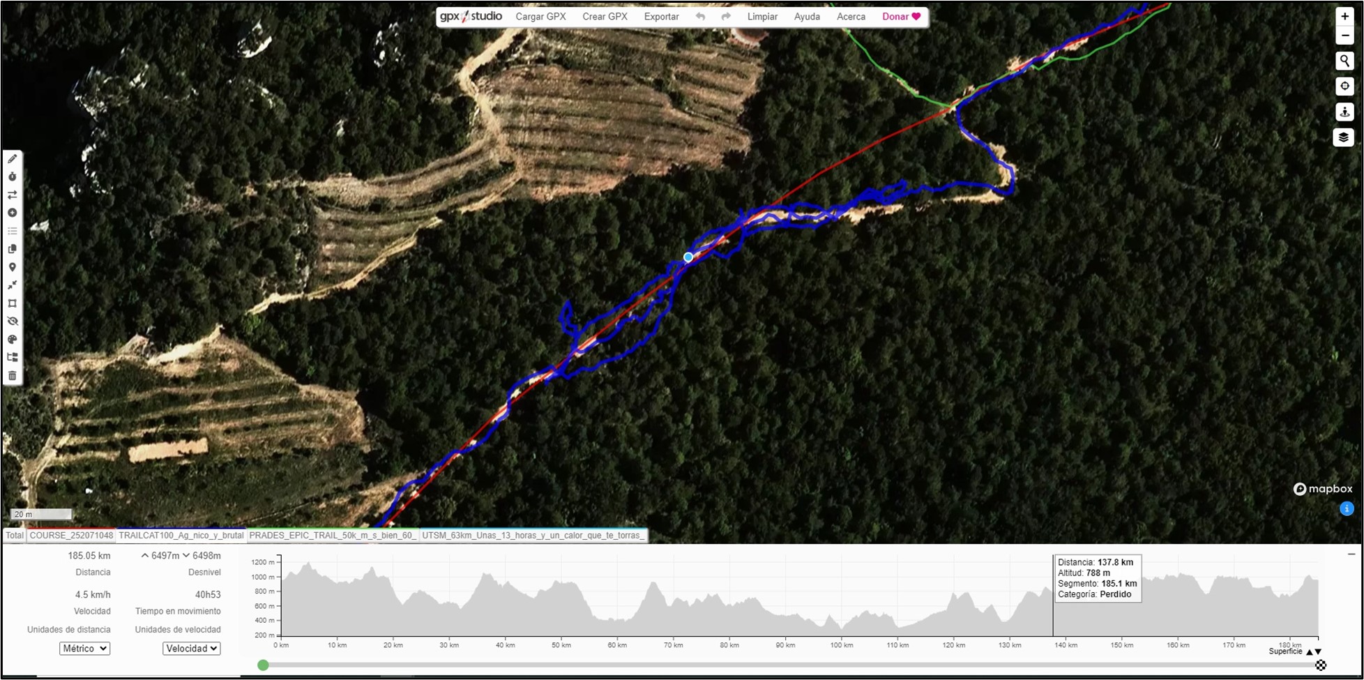 En rojo, el track oficial, en azul, mis vueltas, y en verde, track de la Prades Epic Trail