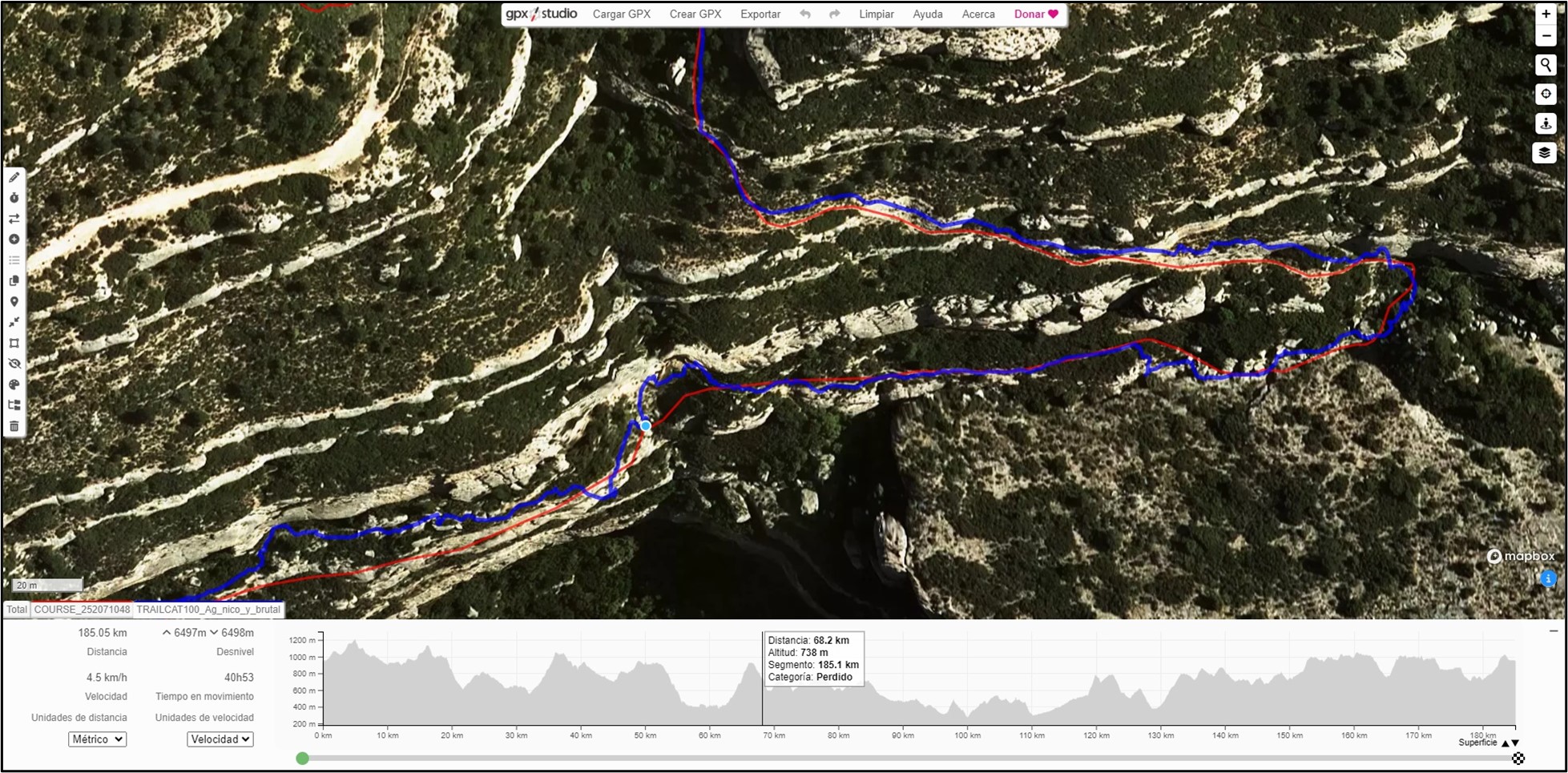 En rojo, track oficial; en azul, mi track. En descenso el km señalado.